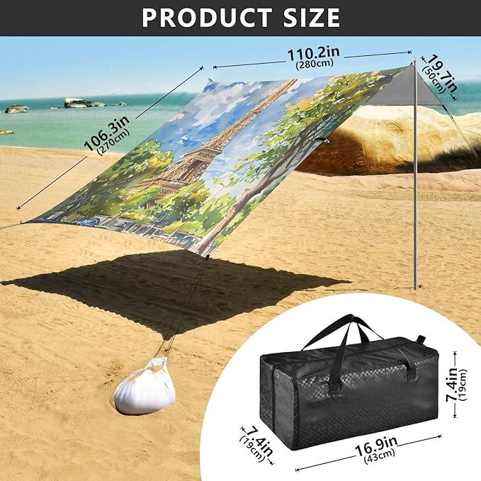ALAZA Eiffel Tower Watercolour Beach Tent Sun Shelter UPF50+ Protection Beach Shade Canopy w/ 4 Sandbags for Outdoor Camping Fishing Backyard Fun Picnic 10x9 ft