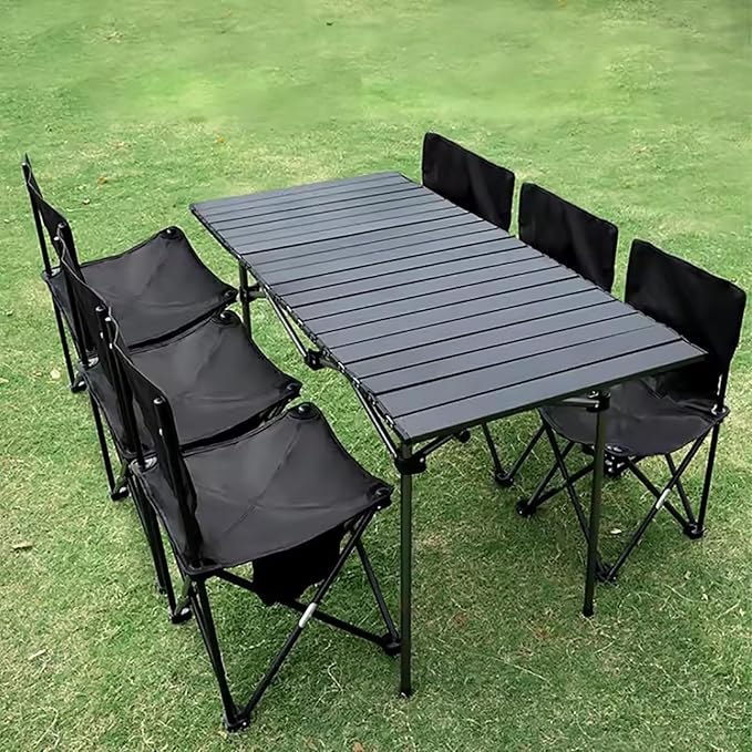7 Piece Foldable Camping Chairs and Table Set Portable Picnic Table with 6 Chairs Side Pockets &amp Carrying Bag Outdoor Lightweight Table Chair Set for Hiking RV TravelBlack