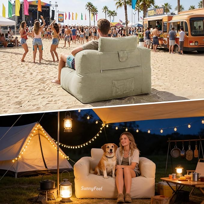 SUNNYFEEL Inflatable Sofa Chair Heavy Duty 330LBS Portable Air Sofa with Built-in Pump 1000D Oxford Fabric for Camping Beach &amp Travel (Beige-Single)
