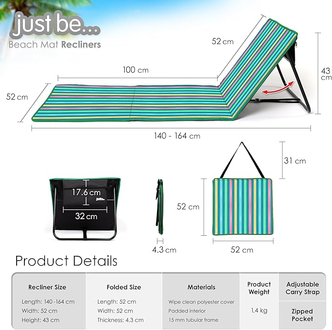 just be... Beach Sun Mat Folding Lightweight Portable Adjustable Sunbathing Recliner with Backrest Support and Valuables Pocket for Holidays Garden Camping Park Festivals - Dark Multicolour Stripes