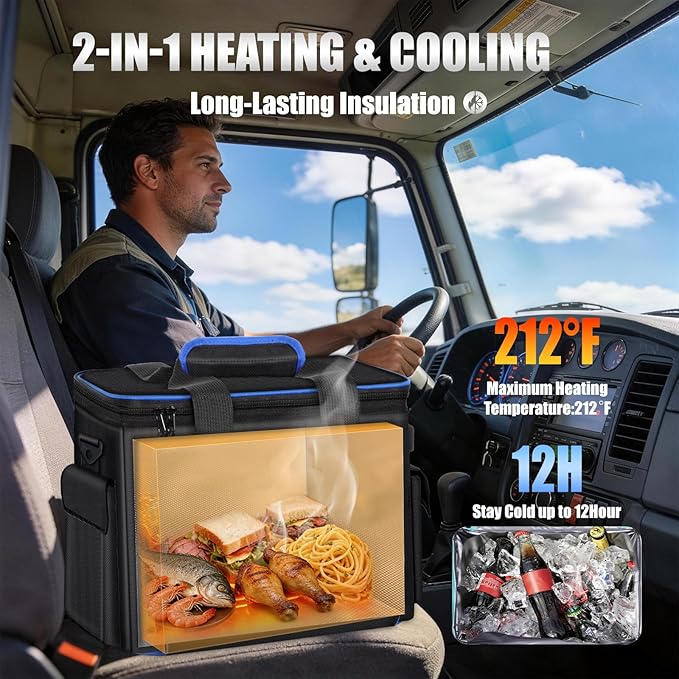 20L Large Heated Lunch Box Insulated Lunch Bag Auto Temp Control Electric Lunch Box for Adults Men 12/24/110V Portable Food Warmer for Truck/Car/Work/Travel Lonchera Eléctrica Portátil