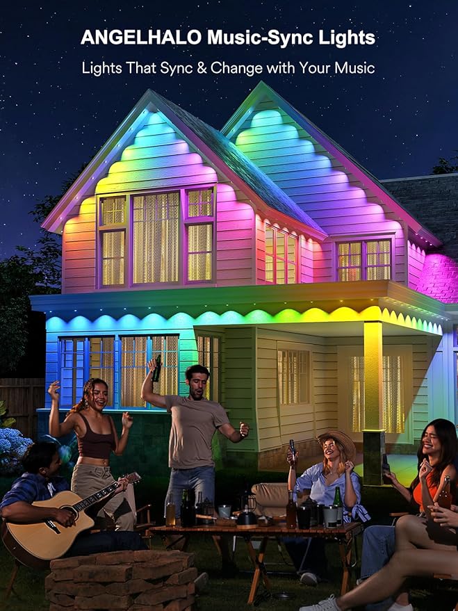 ANGELHALO Permanent Outdoor Lights Pro 155ft with 108 LED Lights for Daily and Accent Lighting Multiple Scene Modes Eaves Lights with Warm and Cool White Light IP65 Waterproof Works with Alexa