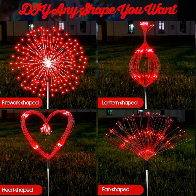 6 Pcs Christmas Solar Firework Stake Lights 180 LED 8 Modes Solar Waterproof LED Sparkler Lights Outdoor Decoration for 4th of July Xmas Holiday Garden Patio Yard Pathway Walkway Red