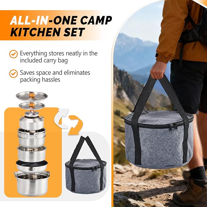 Bonnlo Camping Cookware Set Lightweight Stainless Steel Nesting Cooking Mess Kit with Carrying Bag for 4-6 Campfire CookingCamp Kitchen Outdoor