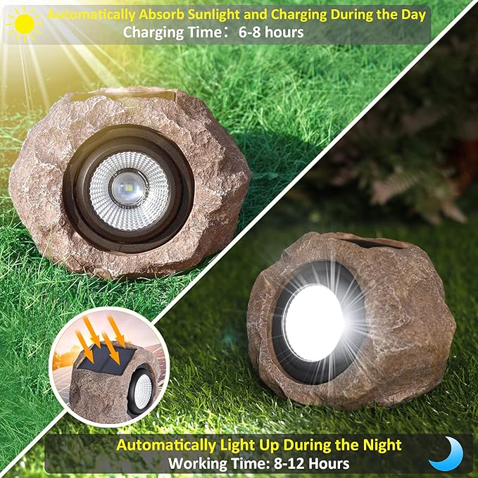 2 Pack Solar Rock Lights Outdoor Angle Adjustable Solar Lights Outdoor Waterproof LED Solar Garden Lights Auto On/Off Landscape Lighting for Yard Pathway Patio Flower Bed - White Glow (Stone Brown)