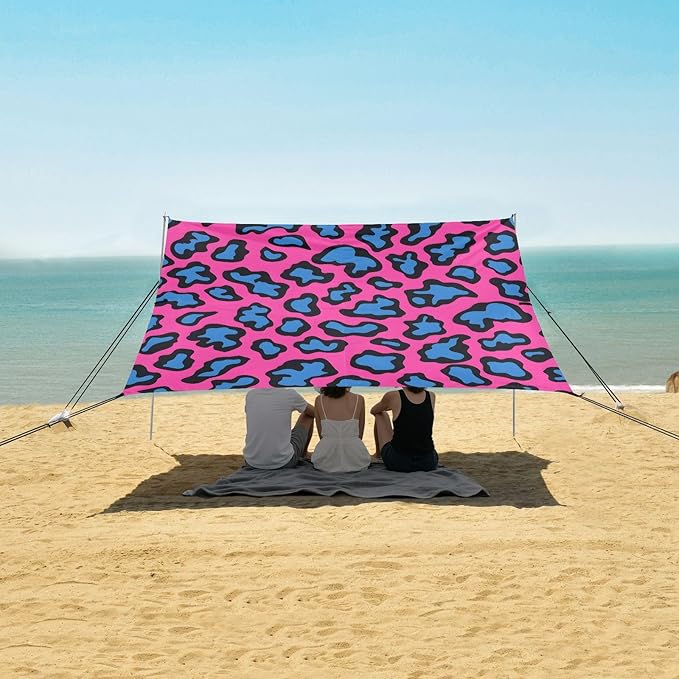 ALAZA Pink &amp Blue Leopard Print Cheetah Beach Tent Sun Shelter UPF50+ Protection Beach Shade Canopy w/ 4 Sandbags for Outdoor Camping Fishing Backyard Fun Picnic 10x9 ft