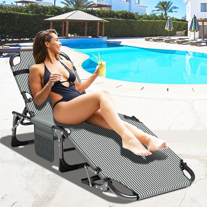 ABORON Heavy Duty Tanning Chair 5-Gear Outdoor Folding Chaise Lounge Chair with CushionPortable Beach Lounge Chair for Outdoor Sunbathing Patio Pool Lawn Deck Poolside