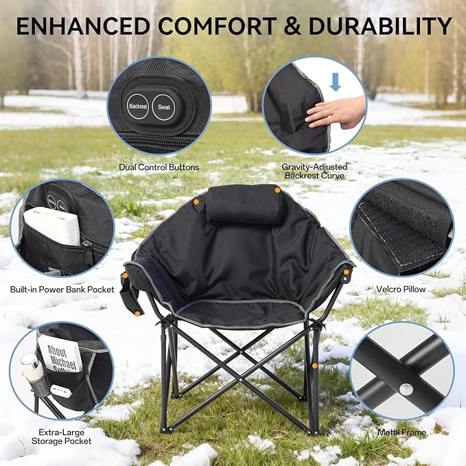 Oversized Heated Camping Chair Folding Heated Outdoor Chair with Back &amp Seat Heating Heavy Duty Support 400 lbs Portable Heated Camp Chair for PatioTailgating Picnic Battery NOT Included Bl
