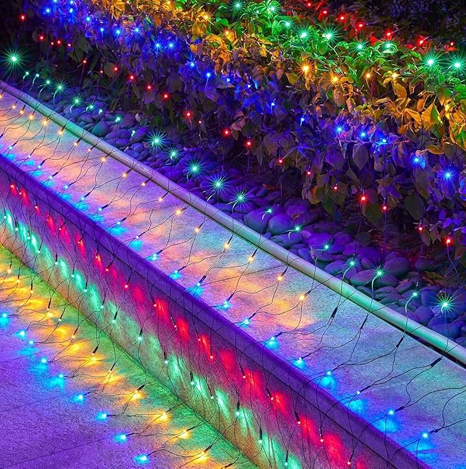 12 x 5FT 360 LED Christmas Net Lights Outdoor for bushes Waterproof IP65 12 Modes Connectable Extendable Bush Net Christmas Lights Outdoor Mesh Light for Bushes Tree Yard Garden Multicolor