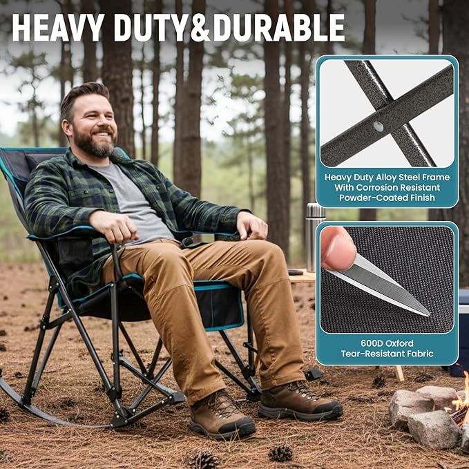 FUNDANGO Oversized Rocking Camping Chair for Adults 2 Pack Portable Folding Lawn Chairs for Outside with Pillows Wide Armrest 2 Cup Holders Carry Bag for Patio Garden Outdoor Supports 400Lbs