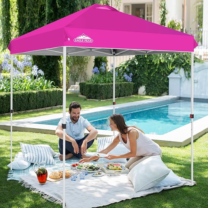 EAGLE PEAK Pop Up Canopy Tent with Wheeled Carry Bag 8 Stakes 4 Ropes Easy Set Up Tent Canopy 6.6x6.6 ft Pink