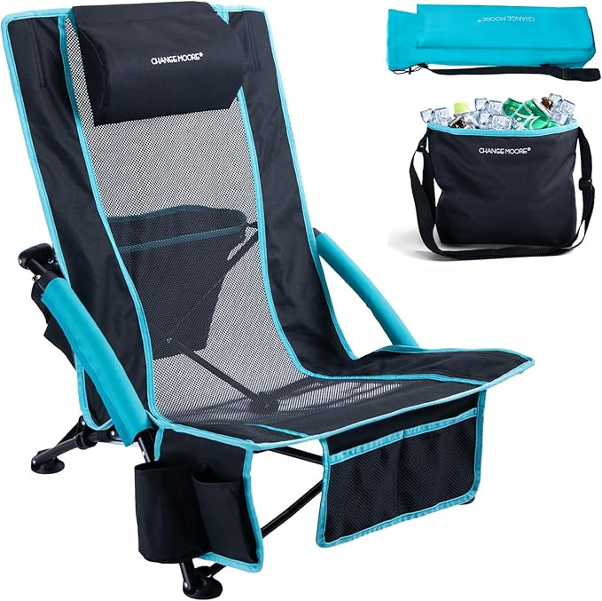 CHANGE MOORE Low Beach Chair with 2-in-1 Cooler Bag 1 Pack Support up to 300lbs Folding Beach Chairs for Adults with Cup Holder Removable Pillow &amp Carry Bag for Outdoor Sand Lawn Picnic Travel B