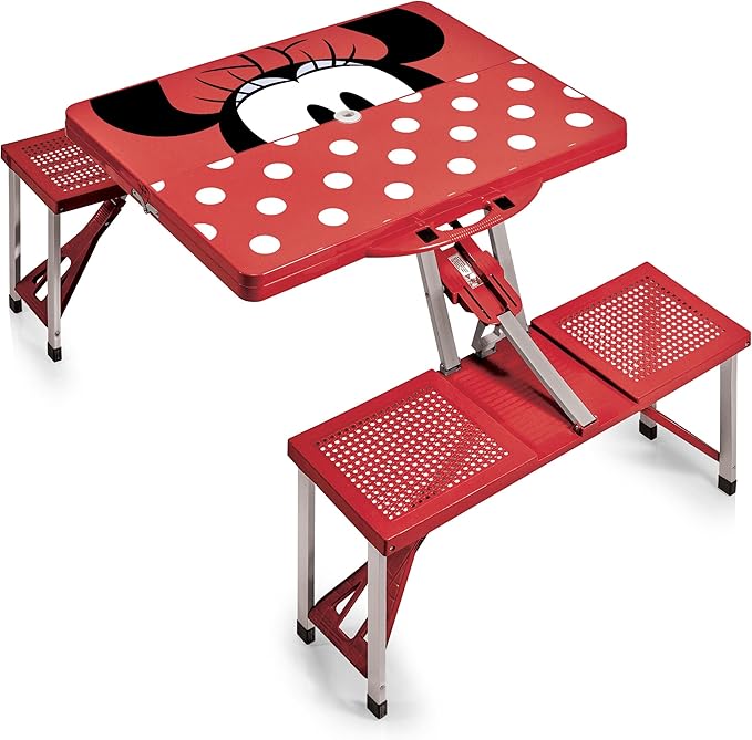 PICNIC TIME Disney Minnie Mouse Folding Picnic Table with Seats Collapsible Aluminum Table and Bench Set with Umbrella Hole Lightweight Portable Table for Camping TravelTailgating Backyard (Red)