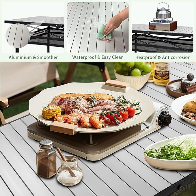 Large Folding Camping Table Aluminum with Storage for 4-6 People 55X27.5 Roll Up Tall Outdoor Portable Table Lightweight with Carry Bag for Picnic BBQ Backyard Beach