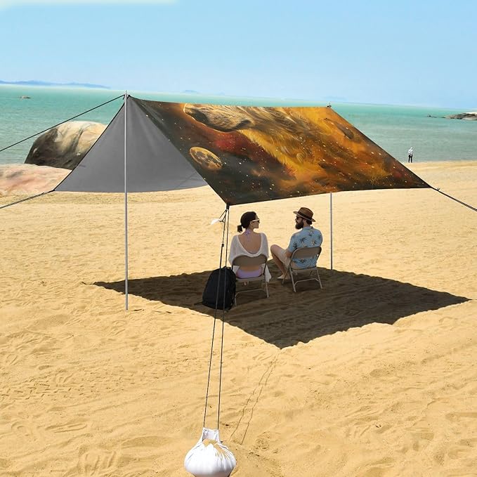 ALAZA Golden Wolf Galaxy Beach Tent Sun Shelter UPF50+ Protection Beach Shade Canopy w/ 4 Sandbags for Outdoor Camping Fishing Backyard Fun Picnic 10x9 ft