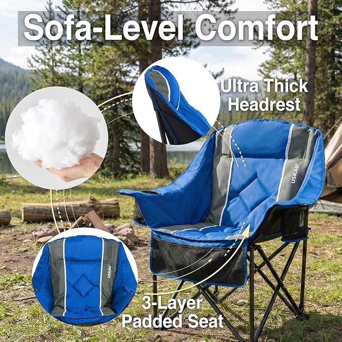 Oversized Camping Chair for Adults - Heavy Duty 400 lbs Padded Folding Chair with Wine Glass Holder 2 Cup Holders &amp Side Pockets Portable Carry Bag for RV Tailgating Lawn