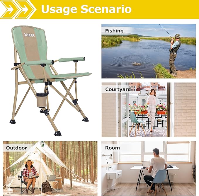 XGEAR Camping Chair with Padded Hard Armrest Sturdy Folding Camp Chair with Cup Holder Storage Pockets Carry Bag Included Support to 400 lbs