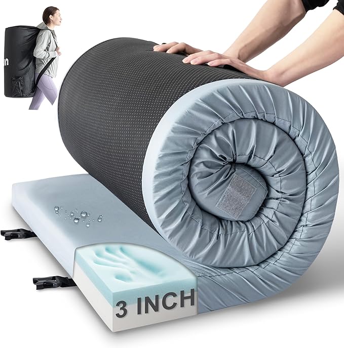 Kingfun 3 Inch CertiPUR-US Memory Foam Camping Mattress Waterproof Roll up Sleeping Pad Thick Floor Sleeping Mats for Tent with Removable Travel Bag