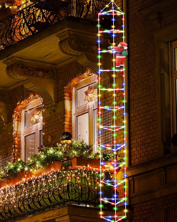 Christmas Decorations Lights Outdoor 9.8ft 3D Christmas Triangle Ladder Lights with Santa Claus Waterproof LED Christmas Lights with 8 Modes for Wall Home Garden Xmas Party Indoor Outdoor Decor