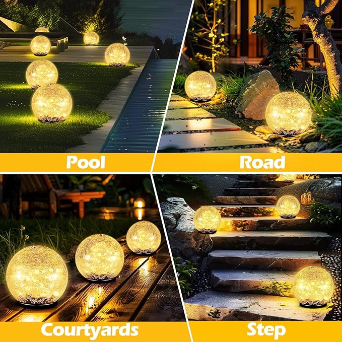 Coroor Garden Solar Ball Lights Outdoor Waterproof 50 LED Cracked Glass Globe Solar Power Ground Lights for Path Yard Patio Lawn Christmas Decoration Landscape Warm White(2 Pack 4.7'')