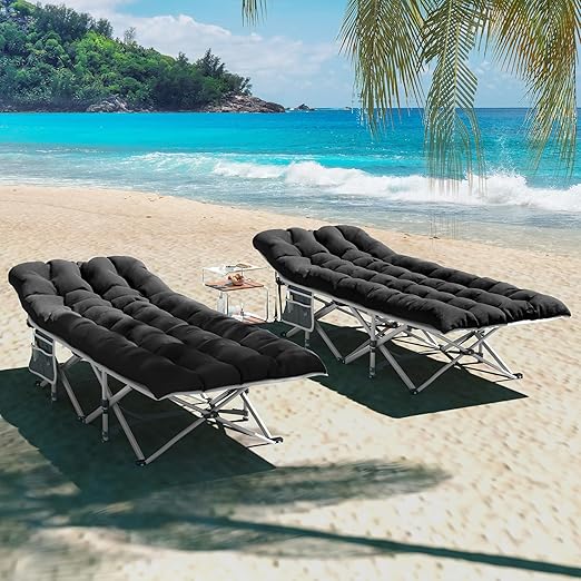 DWVO 2PCS Camping Cots Portable Recliner Lounge Chair w/Mattress Outdoor Folding Cot Heavy Duty 575 LB Capacity 1200D Oxford w/Carry Bag Travel Camp Bed for Camping Office Traveling Black