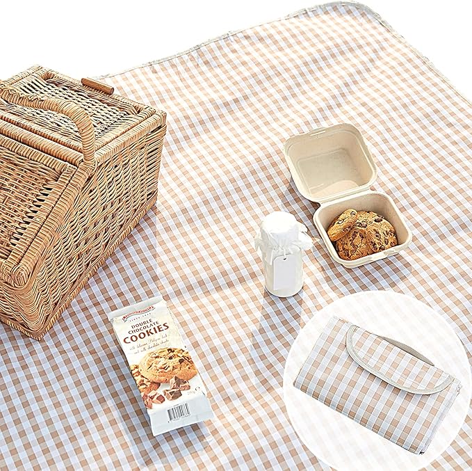 Cute Gingham Picnic Blanket Waterproof Foldable in Large 80x60in and Extra Large 80x80in Portable Compact Beach Blanket Oversized XL Outdoor Mat (Tan X-Large)