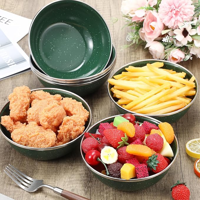 Sawysine 8 Pcs 6 Inch Enamel Bowl for Camping and Backpacking Enamelware Mixing Bowls Camping Cookware for Outdoor Cooking Picnic Snacks Home Farmhouse(Green)