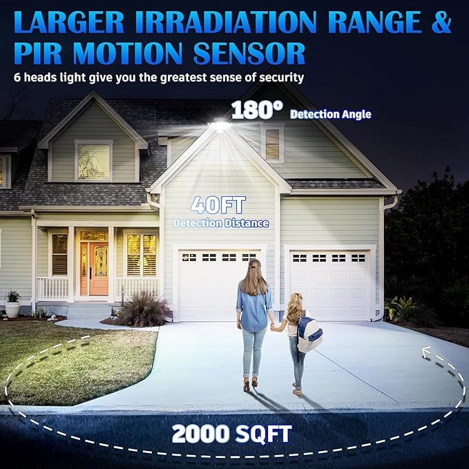Solar Motion Sensor Flood Lights Outdoor - 496LEDs 3500LM 3 Lighting Modes 3 Levels Brightness 6 Heads 360° Illumination IP65 Solar Security Lightsfor Porch Yard Patio Garage (2Pack)