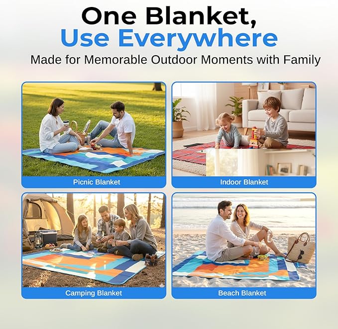 scuddles Extra Large Picnic Blanket – 60 x 80 Waterproof Outdoor Mat with Soft 3-Layer Comfort Cozy Fleece Top Foldable Design &amp Carry Strap for Beach Camping Parks &amp Hiking