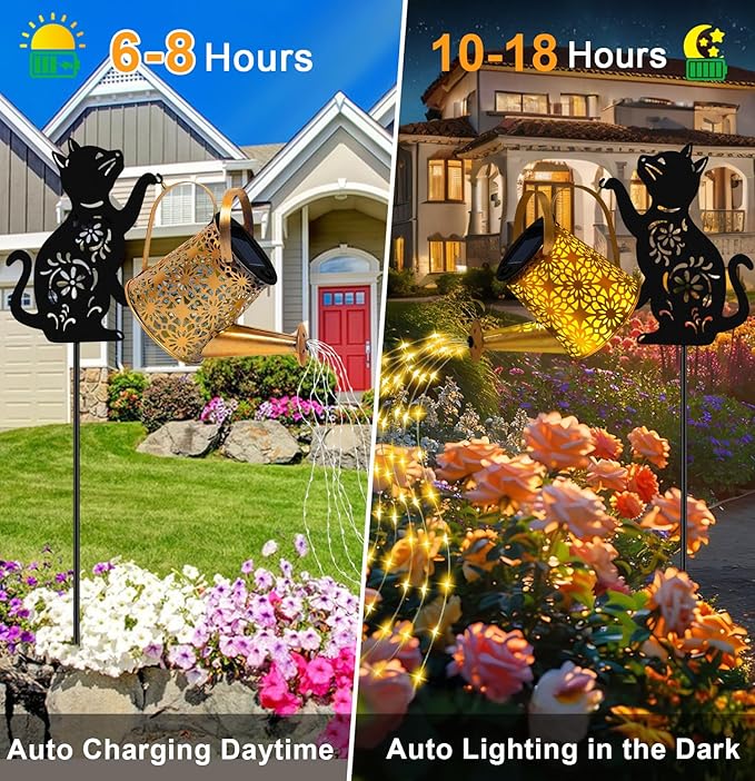 Solar Lights Outdoor Decorative Watering Can with Cascading Lights with Cat Silhouette Garden Stakes Gifts for Mom Women Waterproof Metal Garden Decor for Yard Art Outside Patio Lawn Ornaments