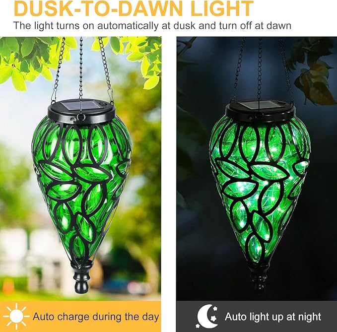 Solar Hanging Lantern Outdoor Lights Tear-Shaped 15 LEDs Cool White Hanging Lights with S Hooks Decor in Garden Yard Pathway Front Door and Landscape
