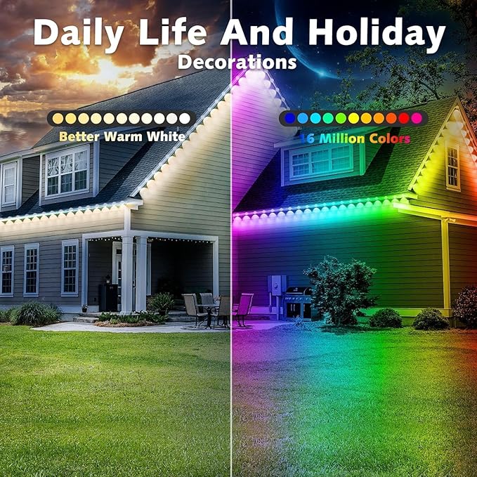 300FT Permanent Outdoor RGB LightsIP67 Waterproof Smart LED Eaves Lights with App/Remote Controlfor Christmas and All Holiday DecorDaily and Accent LightingHouse Roof and Garden Lighting
