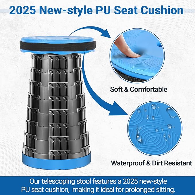 2025 Upgraded Collapsible Stool with PU Cushion Folding Camping Stool with Carry Bag Waterproof &amp Durable Cushion Lightweight Sturdy Retractable Suitable for Camping Fishing Hiking (Blue)