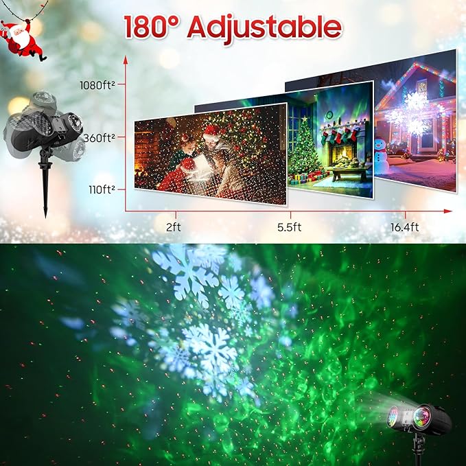 3-in-1 Christmas Projector Lights Outdoor Holiday Light Projector with Snowfall Storm Ocean Wave &amp Red Green Laser Effects Dual Lens IP65 Waterproof Decorations w/Remote Timer &amp Adjustable