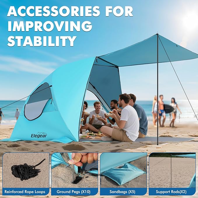 Elegear CumbreX™ Beach Tent with Canopy 4-6 Person 1-Second Umbrella-Style Setup Pop Up Sun Shelter Shade UPF 50+ UV Protection Four-Layer Silver-Coated Lightweight Portable Beach Cabana - Aqua Blue