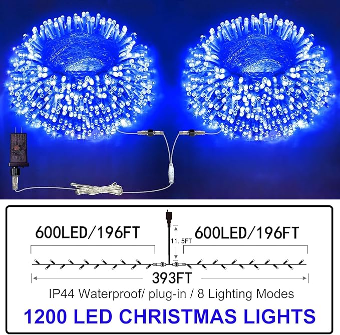 Outdoor Fairy Lights Waterproof Plug in String Lights with 8 Modes Timer 392Ft 1200 Twinkle LED Outdoor &amp Indoor Decor for Girl's Bedroom/Garden/Patio/Yard/Wedding/Holiday Party