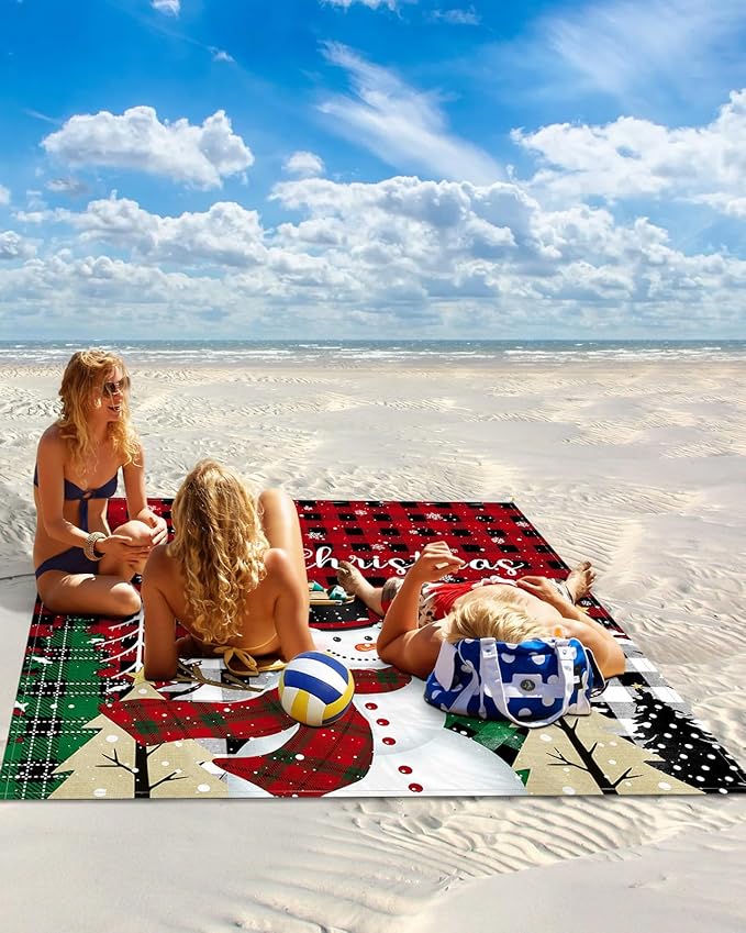 Beach Blanket Waterproof Sandproof Merry Christmas Snowman Pine Tree Quick Drying Beach Mat with 4 Stakes Snowflake Red Black Buffalo Plaid Lightweight Picnic Blanket for Travel Camping 83x79