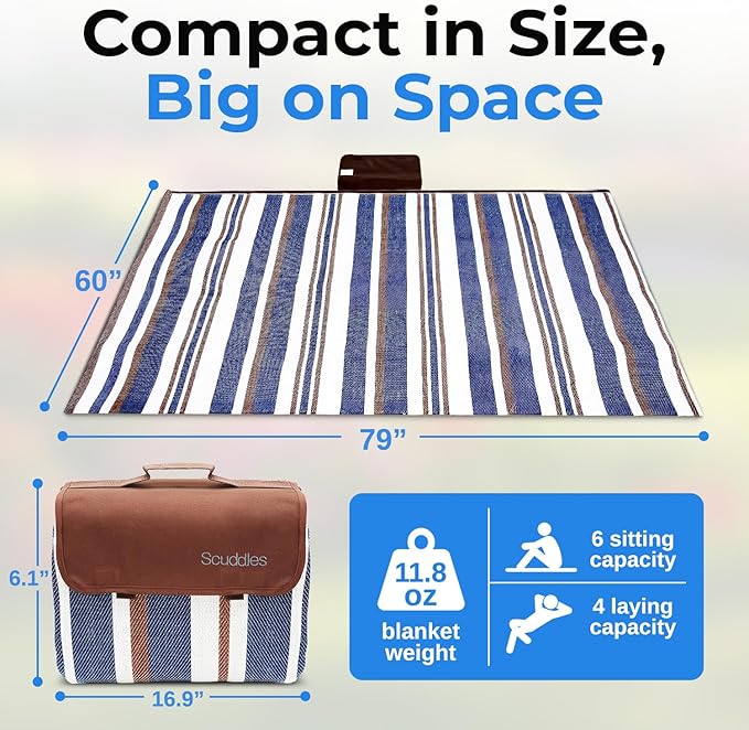 scuddles Extra Large Picnic Blanket – 60 x 80 Waterproof Outdoor Mat with Soft Dual-Layer Comfort Foldable Travel Rug for Beach Camping Lawn Parks &amp Family Picnics