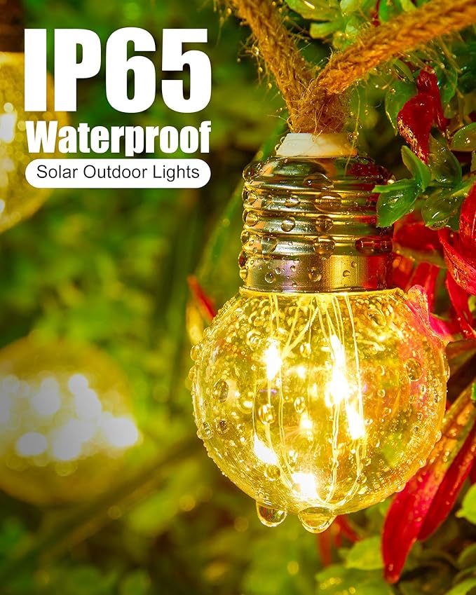 Brightown Solar String Lights Outdoor 30Ft Vintage Hemp Rope Solar Patio Lights with 15 Shatterproof Bulbs 8 Light Modes Waterproof Hanging Lights for Backyard Fence Café Bistro Decor Warm White