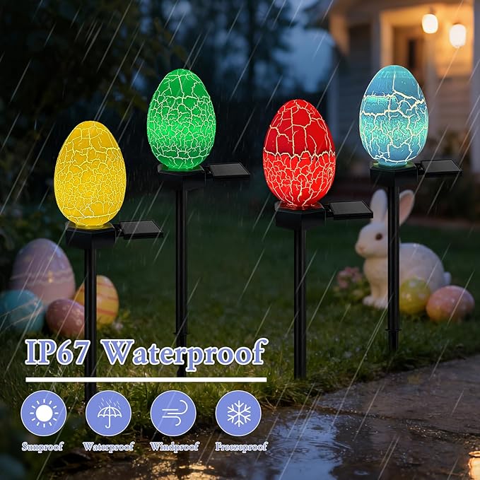 4 Pack Solar Easter Egg Lights Outdoor Waterproof Solar Easter Yard Decorations Outdoor Easters Yard Stakes Lights for Outside Lawn Walkway Patio Cemetery Grave (Red/Yellow/Green/Blue)