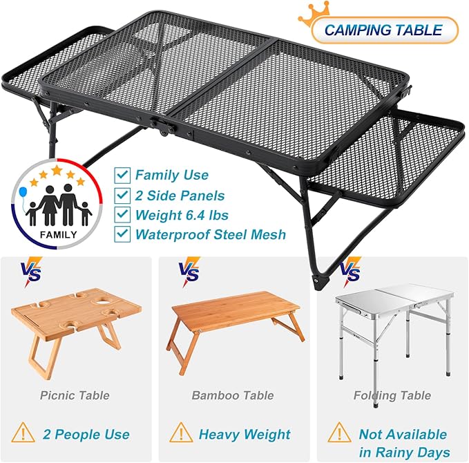 Small Low Camping Table with 2 Wing Panels Folding Low Picnic &amp Outdoor Table with 2 Shelves Lightweight &amp Easy Carry for Beach Fishing Sturdy Steel Mesh Top (3 FT Black)