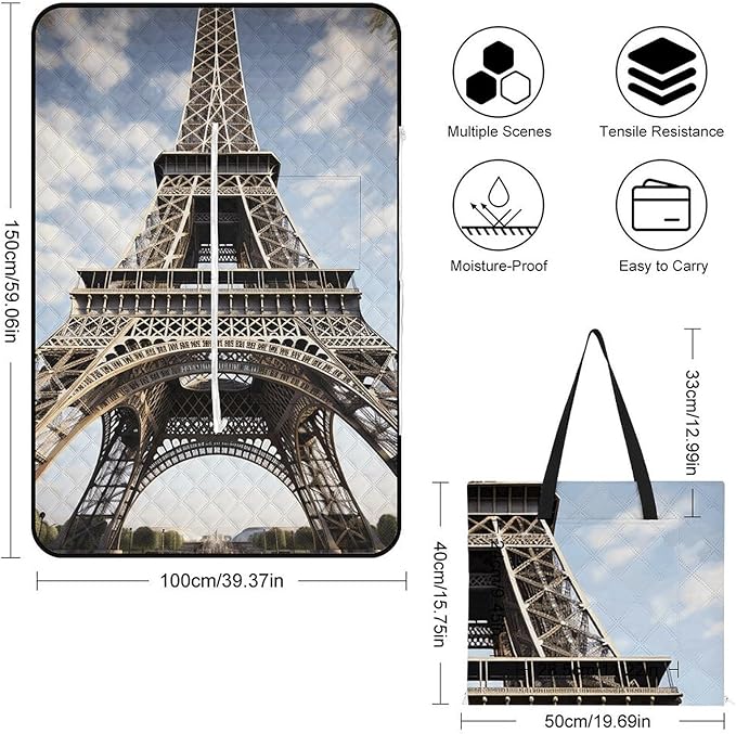 Zipper Eiffel Tower French Paris Monument Style Picnic Mat Suitable for Travel Camping Park Or Home Use