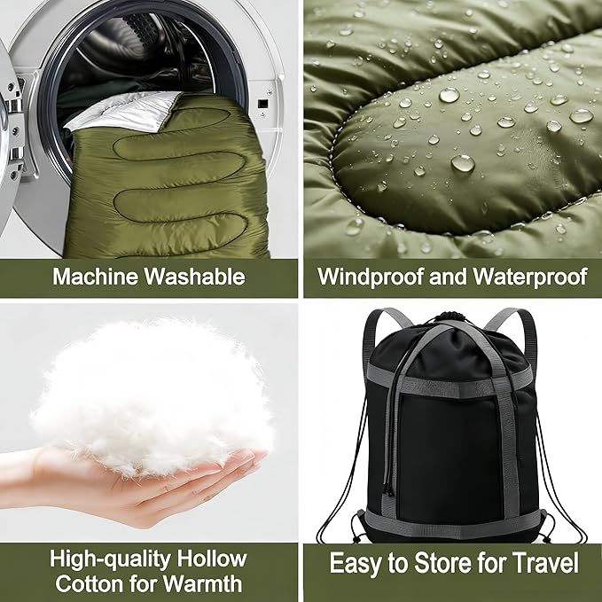 Double Sleeping Bag for 2 Adults Convertible to 2 Single Bags 3-in-1 Waterproof Camping Bag with Pillows Machine Washable 6.6 lbs Lightweight 59x87 Inches