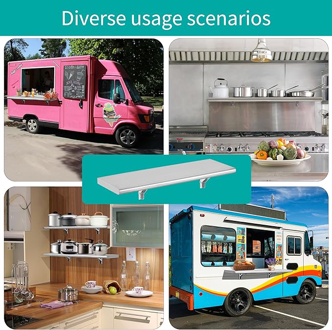 Concession Shelf 48L x 12W22 gauge ASTM 304 Stainless Steel Folding Serving Food Shelves Wall Mount Shelving  Stainless Steel Shelf For Food Truck grill areaBBQ working table Restaurant .NSF