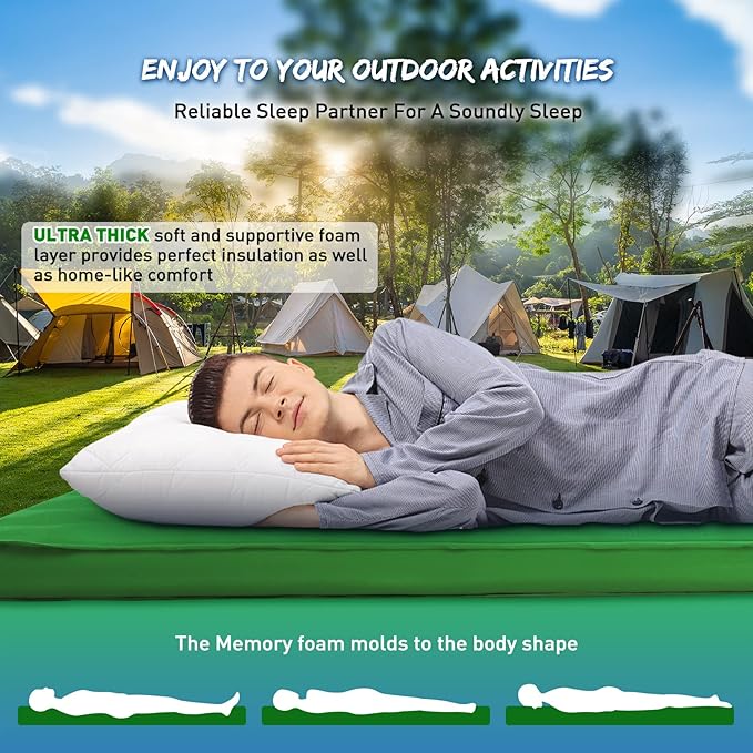 Buheco Sleeping Pad for Camping Self-Inflating 9.5 R Value 3 Ultra-Thick Memory Foam Comfort Plus Camping Mats for Backpacking Travelling &amp Hiking Portable Air Mattress for 4-Season Green