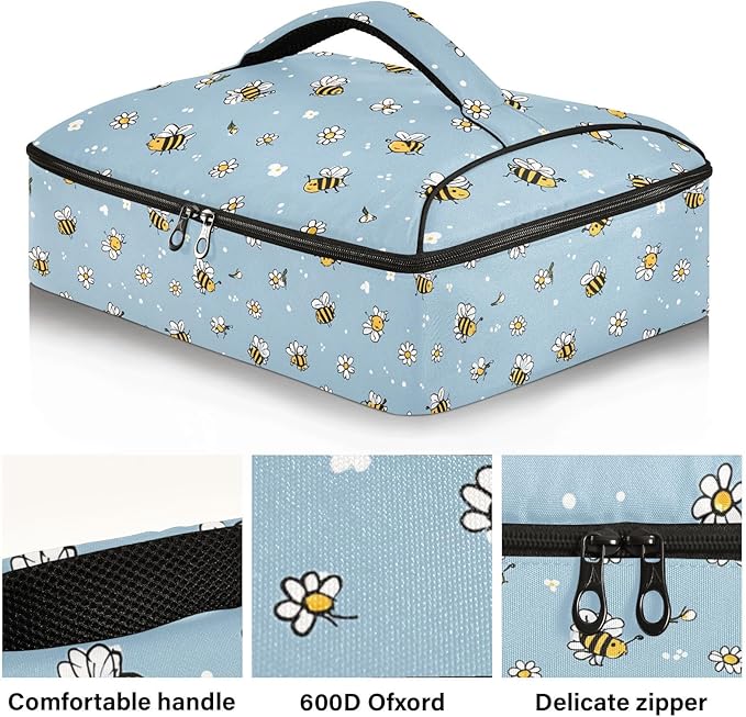 Casserole Carrier Cute Cartoon-style Small BeesInsulated Casserole Carrier for Hot or Cold Food Thermal Lunch Tote for Potluck Parties Picnic Beach Fits 9 x 13 Inches Baking Dish