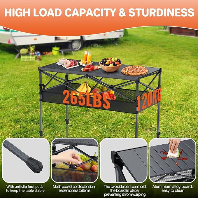 FUNYKICH Folding Camping Table(L39.4''xW19.7'') Aluminum Roll-up Portable Picnic Table with 2 Adjustable Height Large Storage and Carrying Bag for Picnic Camping BBQ Party Backyard Beach