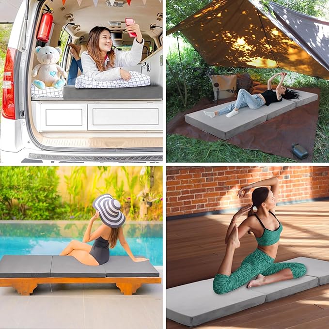 Memory Foam Foldable Mattress Trifold Floor Bed Mattress with Dust Cover Portable Waterproof Camping Pad Mat for Outdoor Sleeping Foldable for Travel Truck Bed Tent
