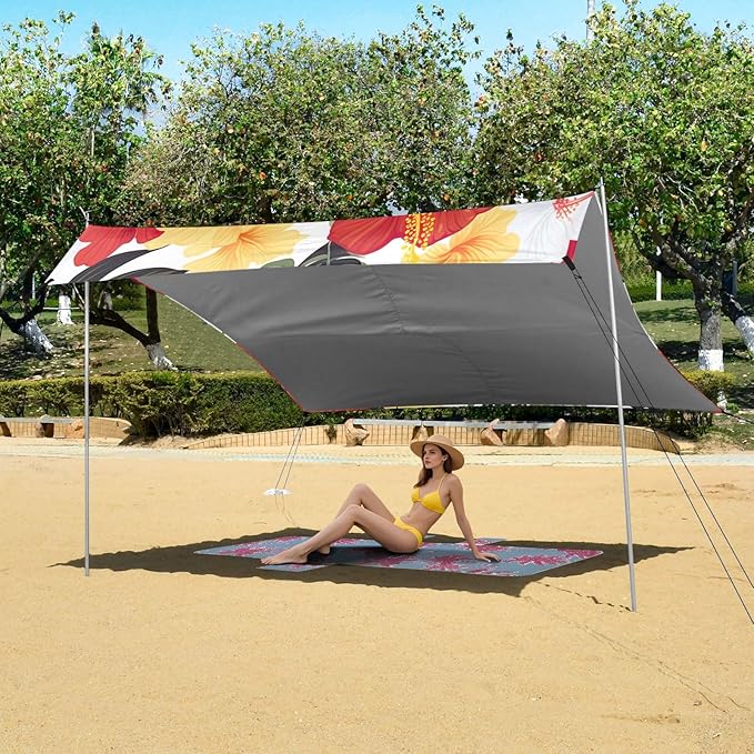 Yellow Red Hibiscus Beach Tent Sun Shelter 9.2' x 10.5' Beach Canopy with 4 Sandbags 4 Stability Poles Sand Shovels - Tent Canopy for Beach Camping Fishing Picnics
