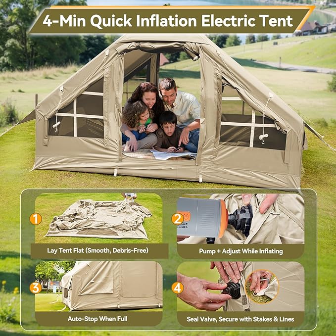 Inflatable Camping TentEasy Set up with Electric Air Pump Waterproof Blow Up Tent for Adults Portable Outdoor for Camping&ampHiking
